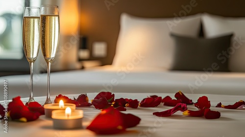 Luxurious bedroom decor with champagne, candles, and rose petals, creating a magical and romantic ambiance on a white hotel bed.