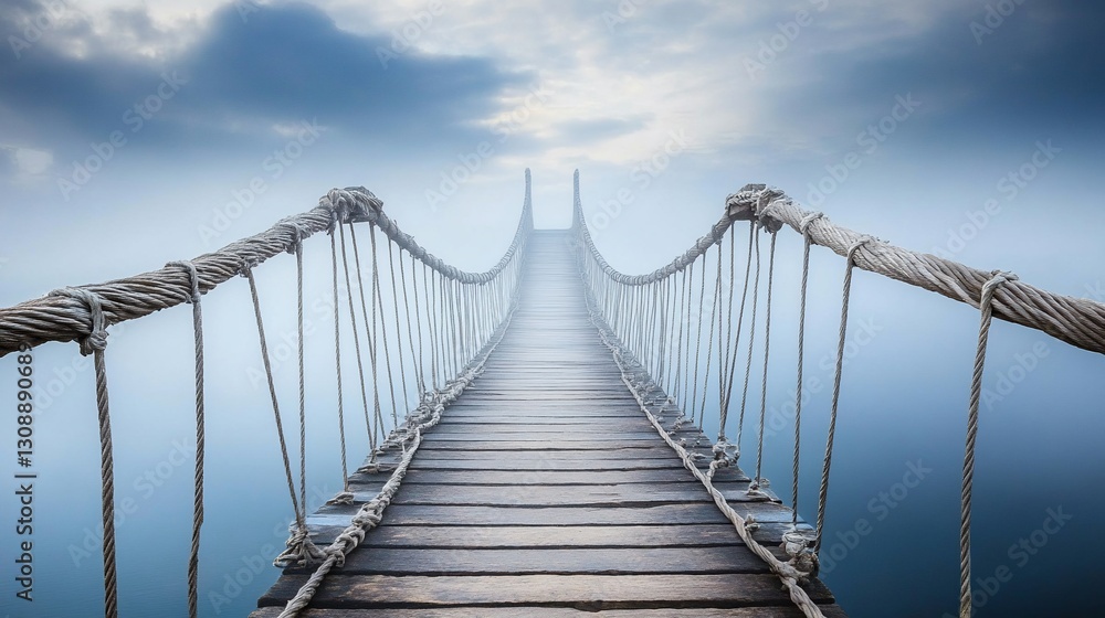 Obraz premium Suspended Journey: A Foggy Wooden Rope Bridge Reaching Towards The Horizon