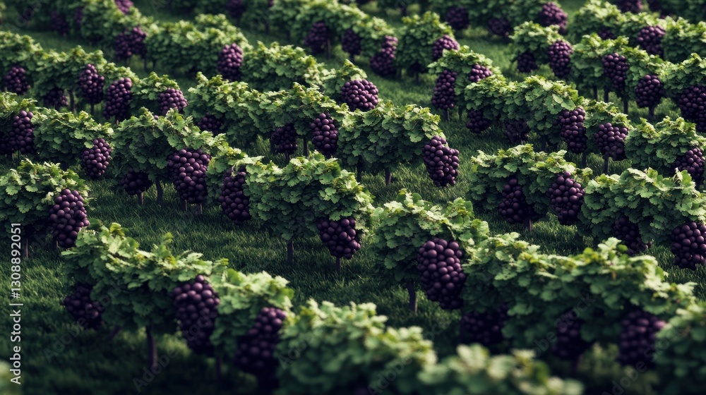 Vineyard Rows, Purple Grapes, Lush Field Vineyard Rows, Purple Grapes, Lush Field