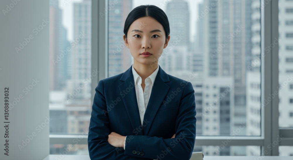 Confident Asian Businesswoman in Modern Office with City View Arms Crossed Confident Asian Businesswoman in Modern Office with City View Arms Crossed
