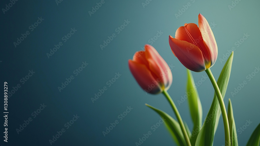 Fototapeta premium Tulips on a blue background with copy space.