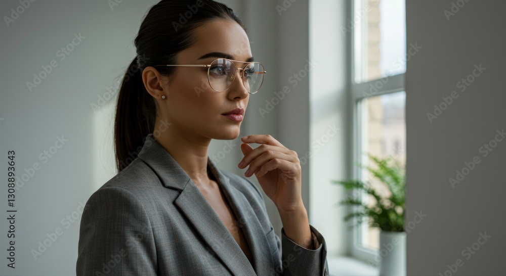 Thoughtful Young Businesswoman in Gray Suit Glasses Near Window Thoughtful Young Businesswoman in Gray Suit Glasses Near Window