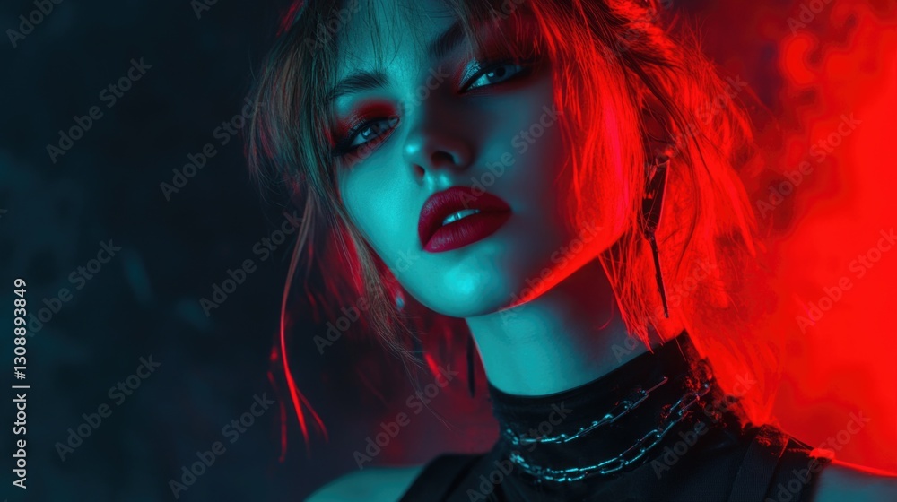 Fototapeta premium A woman wearing a black top stands with a red light illuminating the background