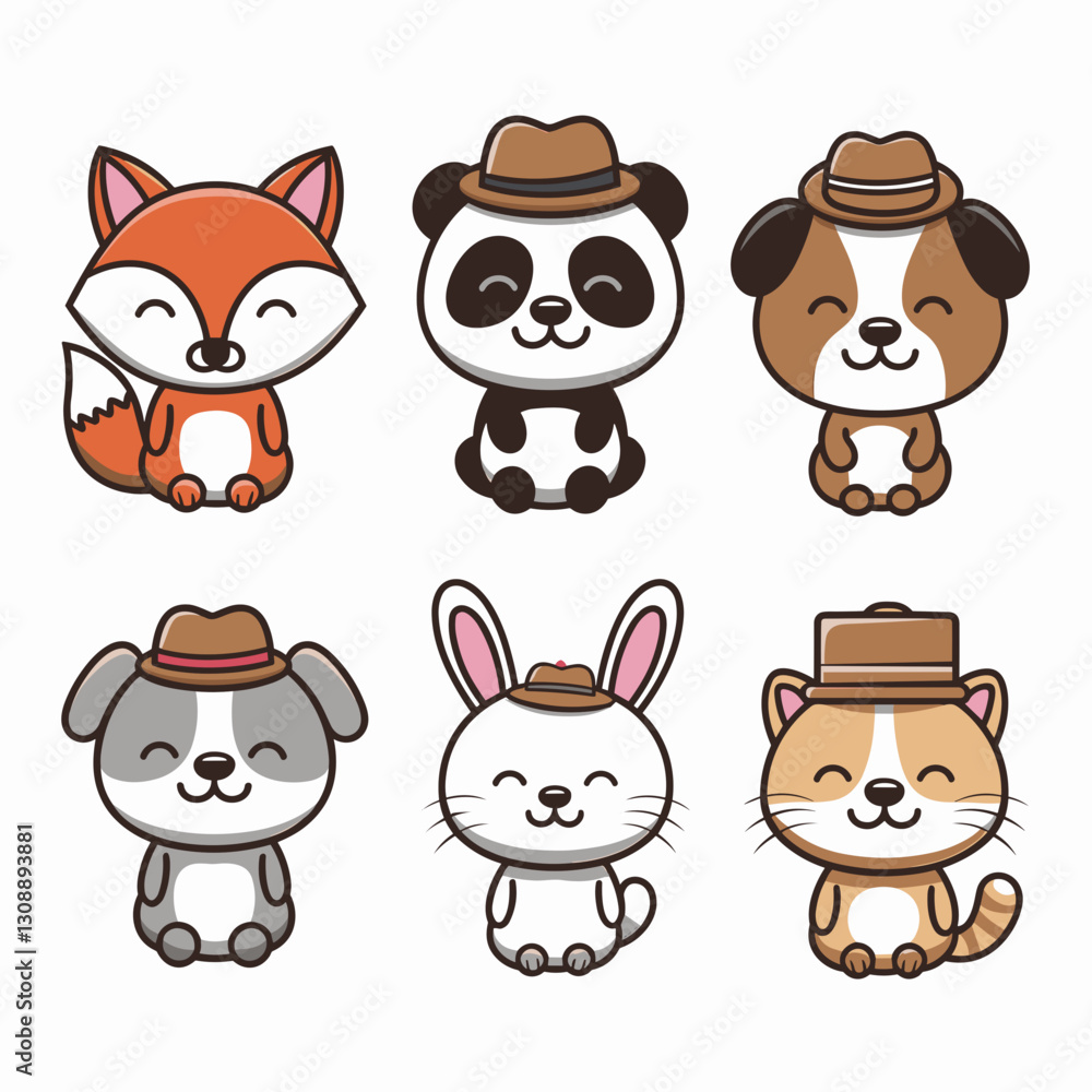 Fototapeta premium Vector illustration of cute animal icons on white background, including fox, panda, dog, rabbit, and cat wearing different hats