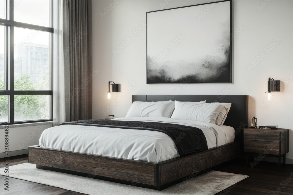 Fototapeta premium Modern bedroom with large windows, dark wood bed frame, white bedding, and a minimalist artwork.