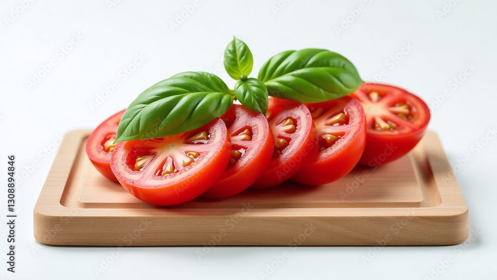 fresh basil adds flavor sliced juicy red tomatoes white backgroundting fresh basil adds flavor sliced juicy red tomatoes white backgroundting