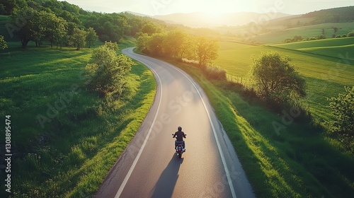 Road with motorbike driving along, bright summer light, soft earthy tones, and lush green landscape in background, birdâ€™s-eye view.