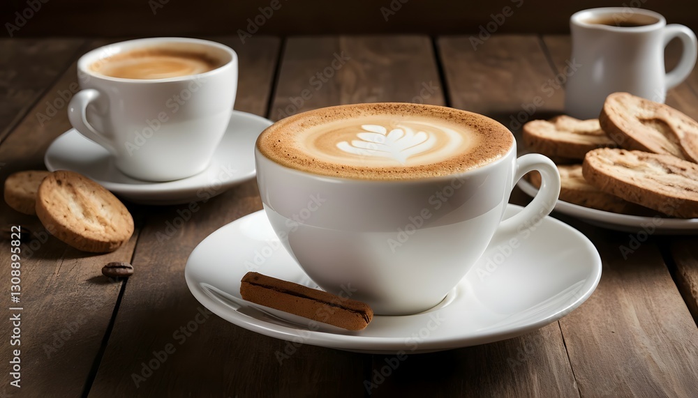 Fototapeta premium Delicious Cappuccino with Latte Art and Cookies on Wooden Table