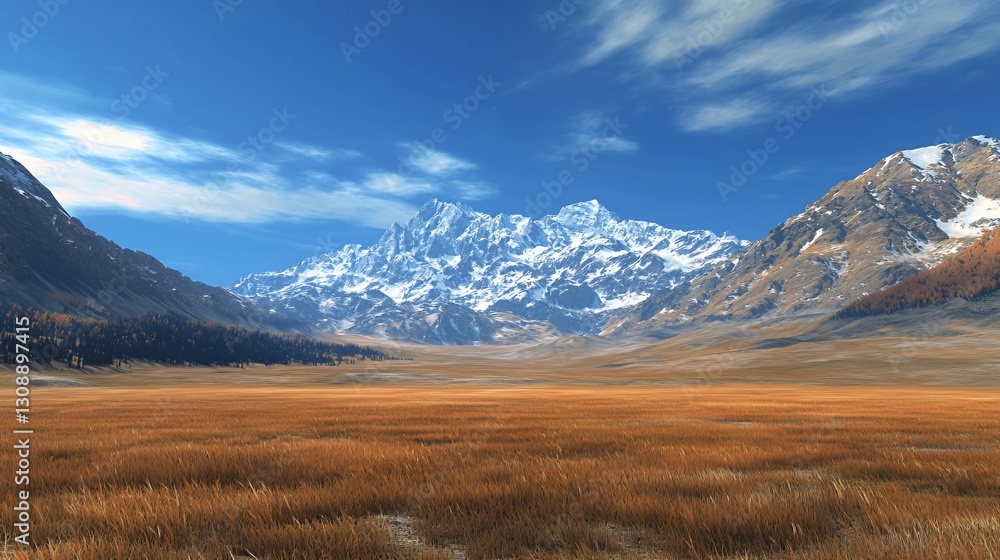 Vast Mountain Valley Landscape with Snow-Capped Peaks Under a Bright Blue Sky Vast Mountain Valley Landscape with Snow-Capped Peaks Under a Bright Blue Sky