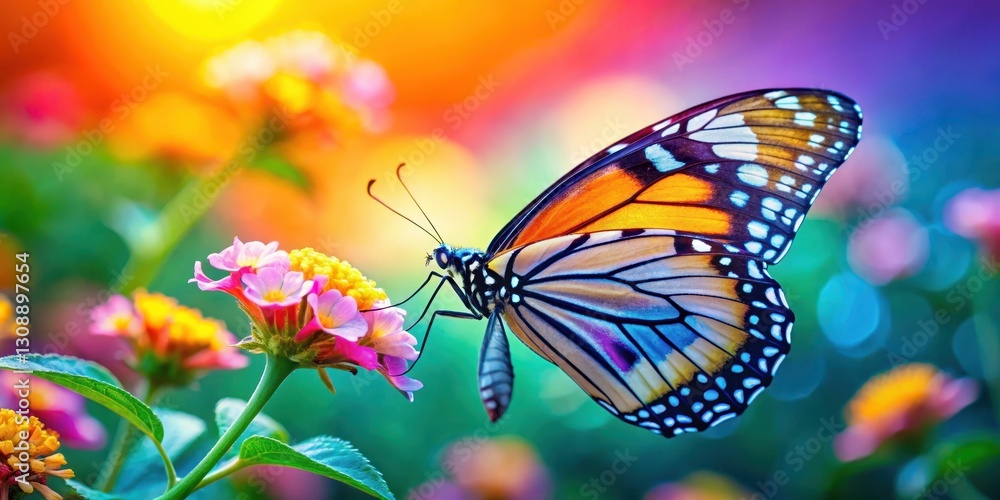 Beautiful butterfly with iridescent wings and delicate antennae perched on a colorful flower , butterflies, insects Beautiful butterfly with iridescent wings and delicate antennae perched on a colorful flower , butterflies, insects