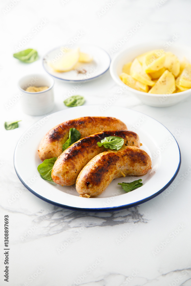Homemade sausages served with potato salad Homemade sausages served with potato salad