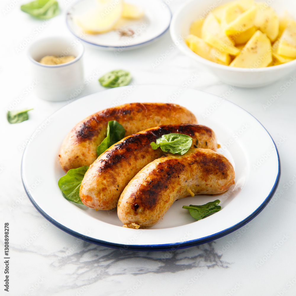 Homemade sausages served with potato salad Homemade sausages served with potato salad