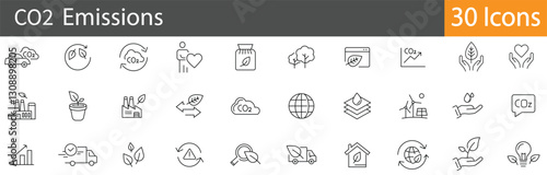 CO2 Emission Line Icons Set. Collection of 30 outline icons representing carbon footprint, air pollution, climate change, greenhouse gases, and environmental impact. Editable stroke 