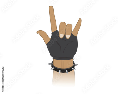 Vector illustration design of a hand wearing a black glove and rock or punk bracelet accessory making a symbol using its fingers