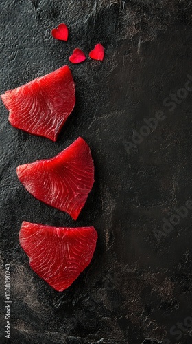 Three Slices Of Red Tuna With Hearts On Dark Background