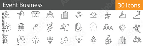 Event Business Line Icons Set. Collection of 30 outline icons representing event planning, corporate meetings, celebrations, marketing, and management. Editable stroke.  vector illustration.