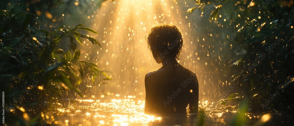 Obraz premium A person stands in the water, possibly waiting or looking around