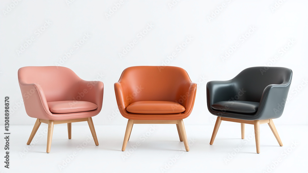 Obraz premium leather chairs three colors wooden legs clean white background design feature modern style