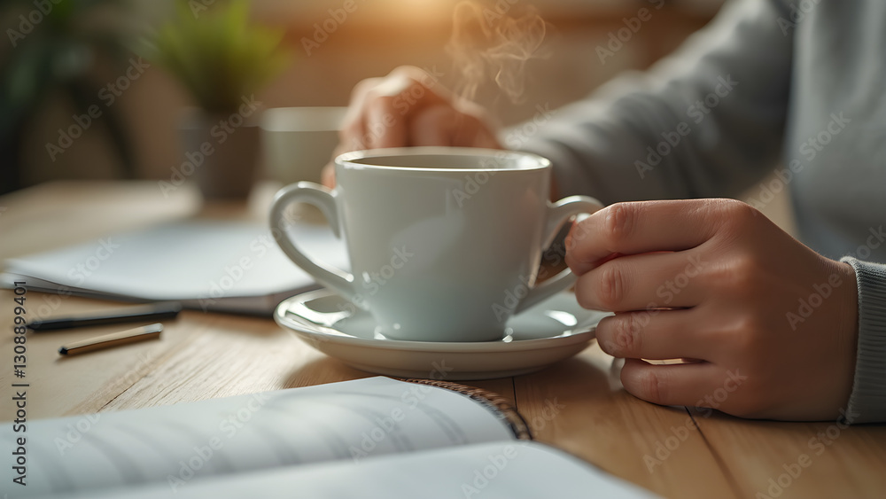 Home office morning routine essentials. Steaming cup of coffee to boost productivity. Organizing daily planner for success. Creating a focused workspace with stationery. Home office morning routine essentials. Steaming cup of coffee to boost productivity. Organizing daily planner for success. Creating a focused workspace with stationery.