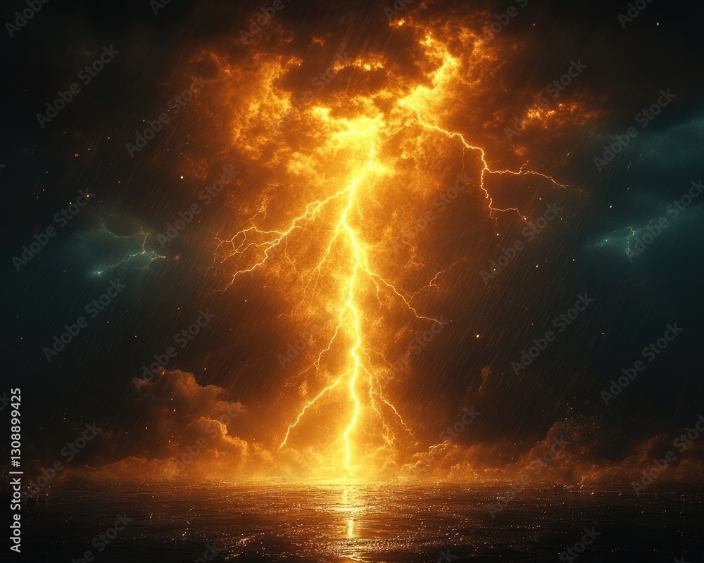 Obraz premium A bright orange lightning bolt illuminates the dark sky, creating a dramatic and intense atmosphere