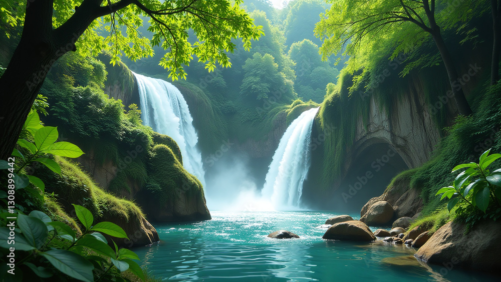 Fototapeta premium lush green places beautiful cascading waterfalls often abruptly interrupted human