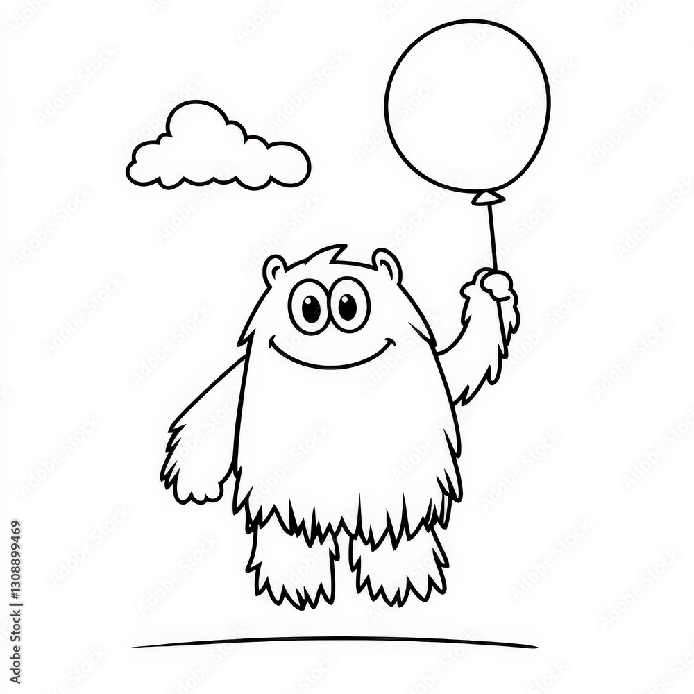 cartoon outline, Fluffy monster holding a balloon and floating in the sky cartoon outline, Fluffy monster holding a balloon and floating in the sky