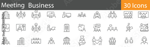 Meeting Business Line Icons Set. Collection of 30 outline icons representing teamwork, discussion, corporate planning, strategy, and office collaboration. Editable stroke. vector illustration.