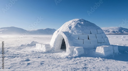 A stunning view of an igloo in the snowy landscape. The bright blue sky contrasts beautifully with the white snow. This scene captures the essence of winter. Generative AI