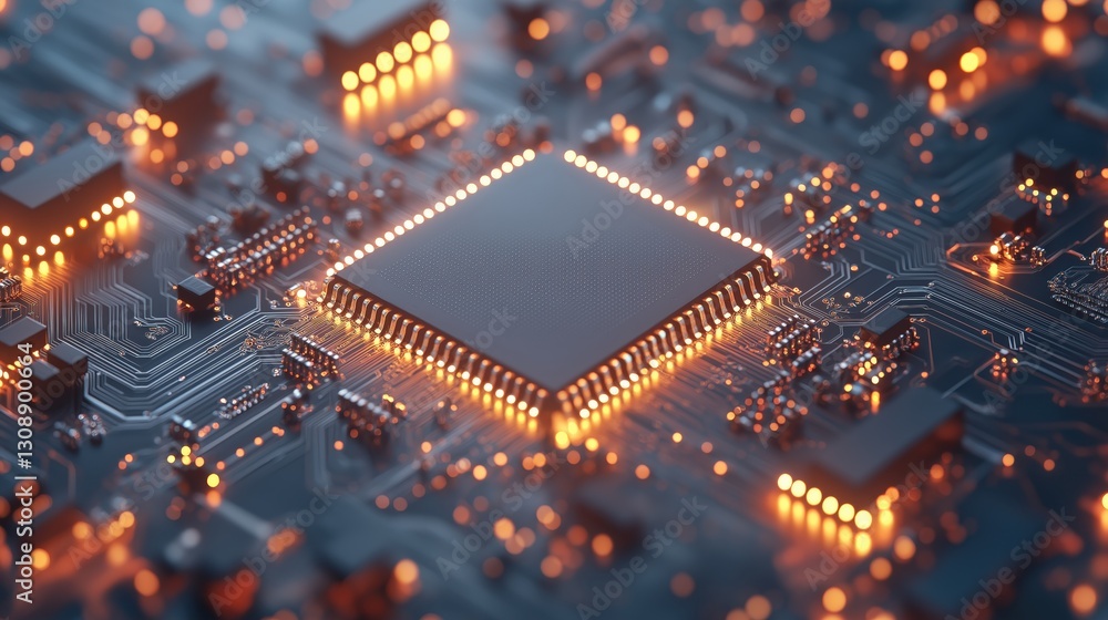 A computer chip is lit up with a bright orange glow A computer chip is lit up with a bright orange glow