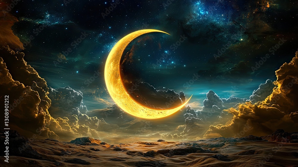 Fototapeta premium The glowing crescent Moon orbiting Earth, set against a galactic backdrop.