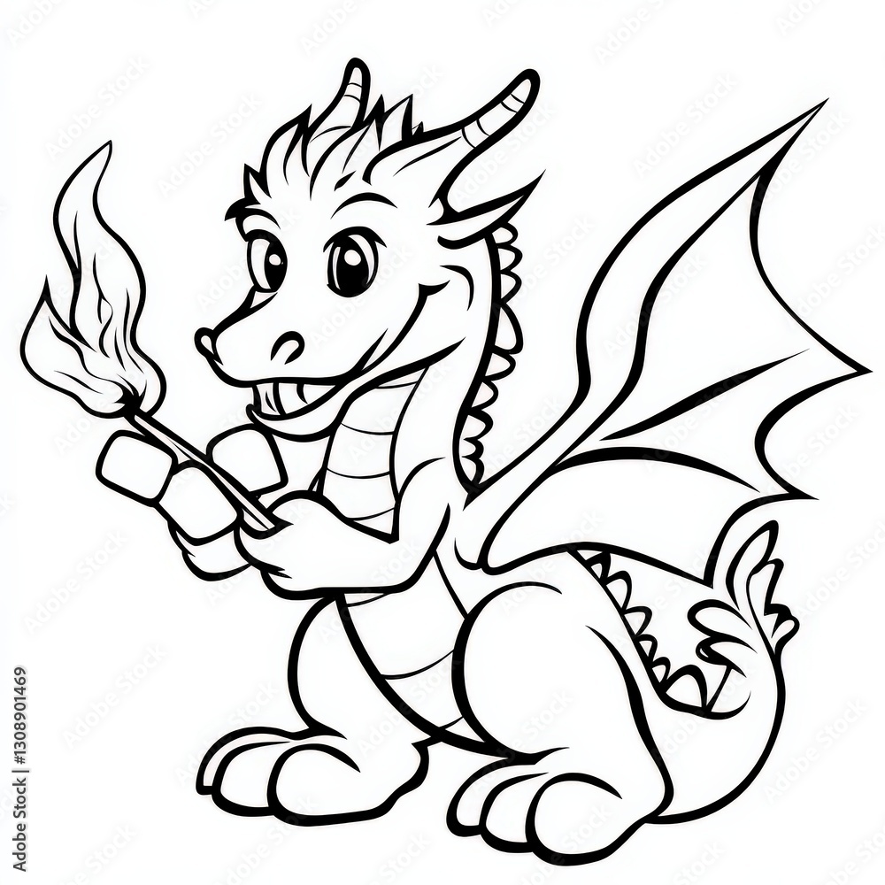 Obraz premium cartoon outline, Playful dragon roasting marshmallows with tiny flames from its mouth