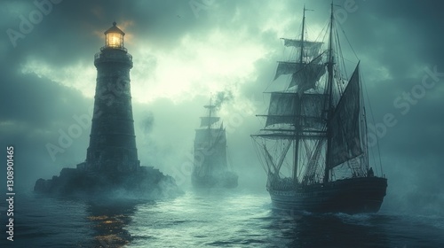 Wallpaper Mural Two ships moored near a lighthouse with a calm sea and clear sky Torontodigital.ca