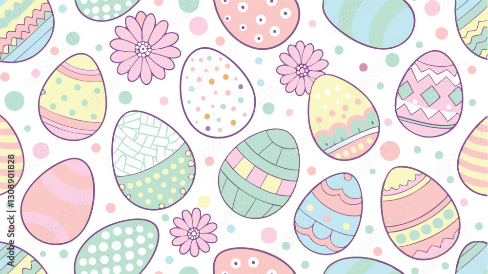 Seamless pattern with Easter eggs decorated with floral, geometric and dotted ornaments. The design is done in bright pastel shades, creating a festive mood. Seamless pattern with Easter eggs decorated with floral, geometric and dotted ornaments. The design is done in bright pastel shades, creating a festive mood.