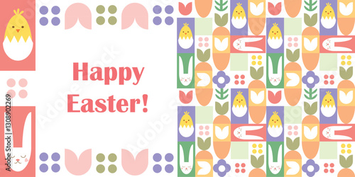 Easter  greeting cards with cute bunnies, chicks in eggshell, carrots, tulips, and floral elements, pastel spring design, holiday covers, posters, banners, flat vector illustration