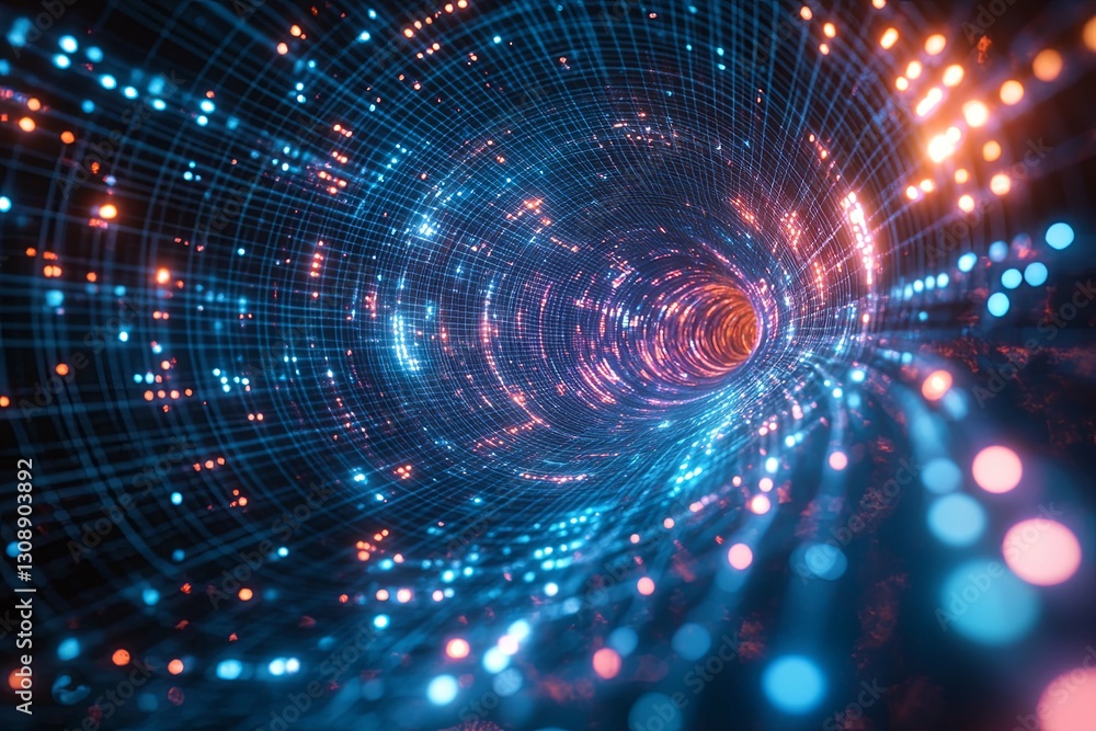A digital tunnel composed of glowing lights and mesh structure A digital tunnel composed of glowing lights and mesh structure