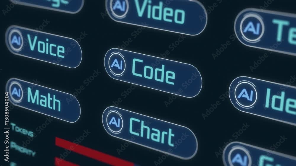 User interface of Ai assistant software, Ai generative for images, videos, text and other contents, futuristic technology (3d render) User interface of Ai assistant software, Ai generative for images, videos, text and other contents, futuristic technology (3d render)