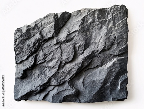 Dark Gray Slate Piece with Jagged Edges, Textured Stone Surface Isolated on White