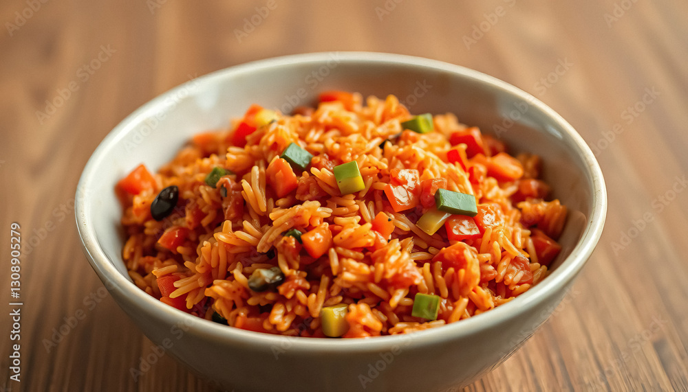 Bowl of rice with tomatoes and green vegetables on top bowl is sitting on wooden table Bowl of rice with tomatoes and green vegetables on top bowl is sitting on wooden table