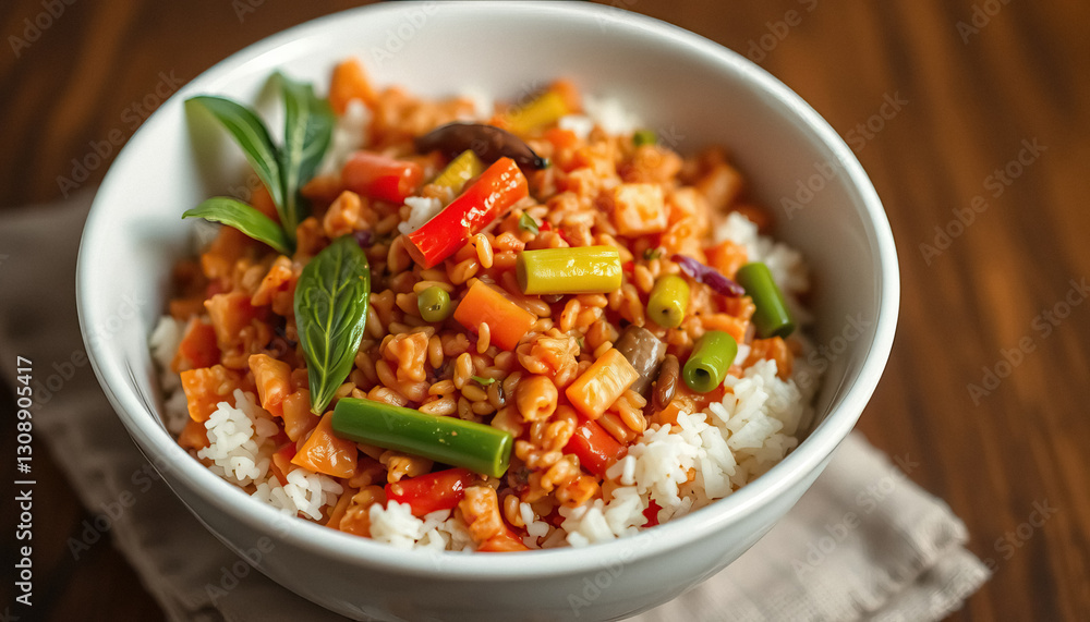 vibrant bowl filled with rice and colorful medley of vegetables topped with fresh green herbs vibrant bowl filled with rice and colorful medley of vegetables topped with fresh green herbs