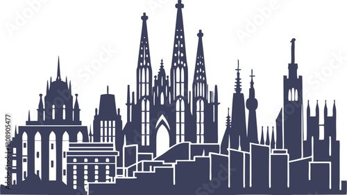 A stunning vector illustration of the Barcelona skyline, showcasing famous landmarks, suitable for travel-related content and city branding projects.