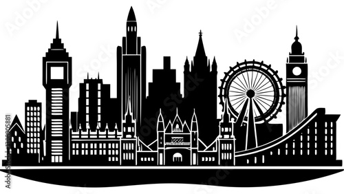A stunning black silhouette illustration of London's iconic skyline featuring famous landmarks and structures.