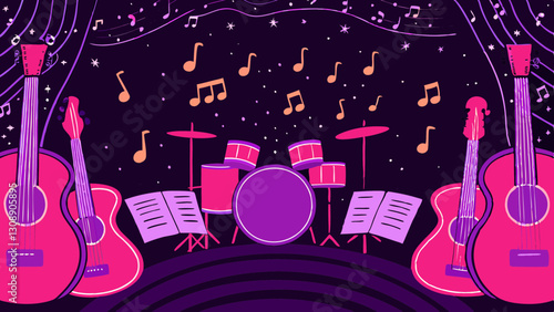 Festive music event with instruments and vibrant colors