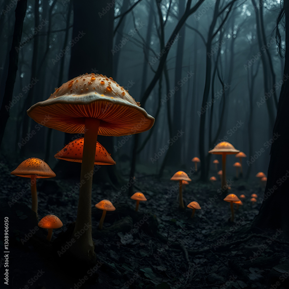 Fototapeta premium mysterious dark forest woods eerie glowing mushrooms halloween spook