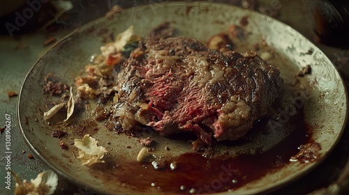 A deliciously cooked steak on a rustic plate. This dish is a feast for the senses. The rich colors invite the viewer to savor each bite. Generative AI