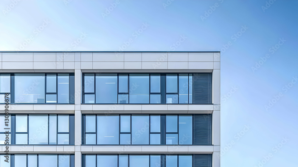 Modern Architectural Facade With Glass Windows And Clear Blue Sky Modern Architectural Facade With Glass Windows And Clear Blue Sky