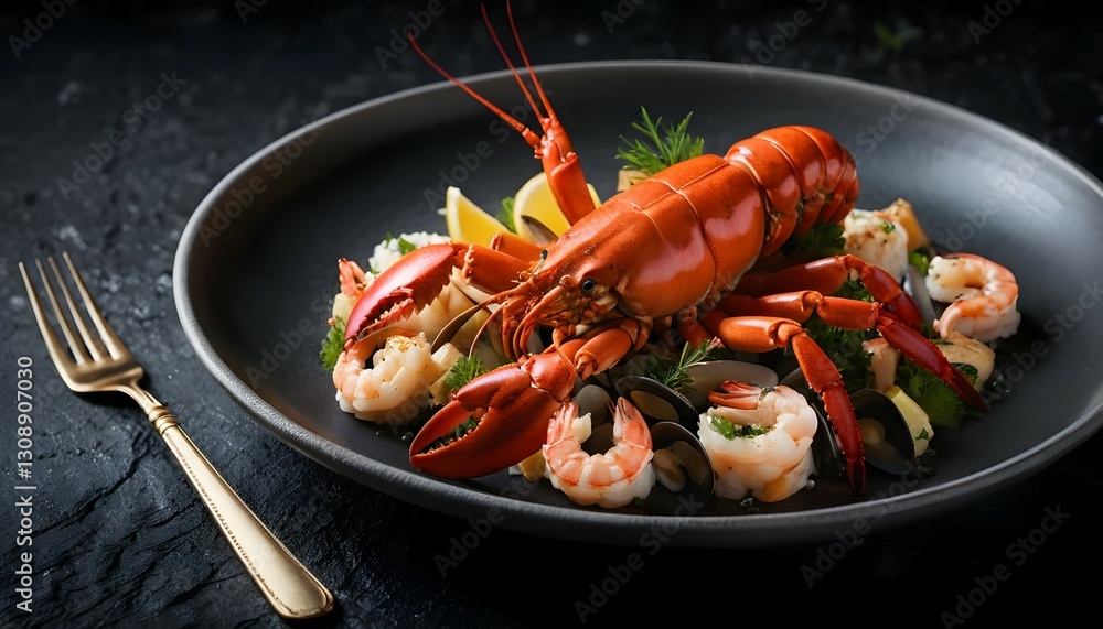 Delicious Seafood Dish with Lobster and Shrimp on Plate Fine Dining Delicious Seafood Dish with Lobster and Shrimp on Plate Fine Dining