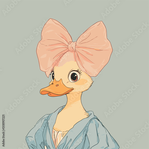 anime inspired duck character with a big sheer pink bow on it’s head. make the duck