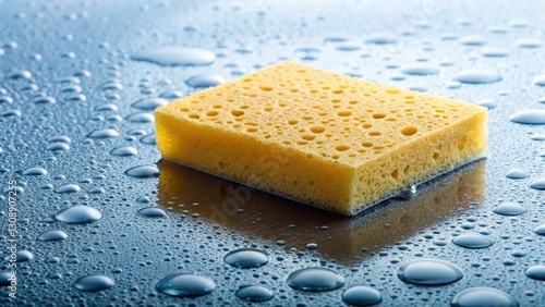 Cleaning sponge absorbs water on a glass table surface #Cleaning #Sponge #WetSurface #GlassTable #Droplets #WaterAbsorption #Cleanliness #Hygiene , absorb, table photo