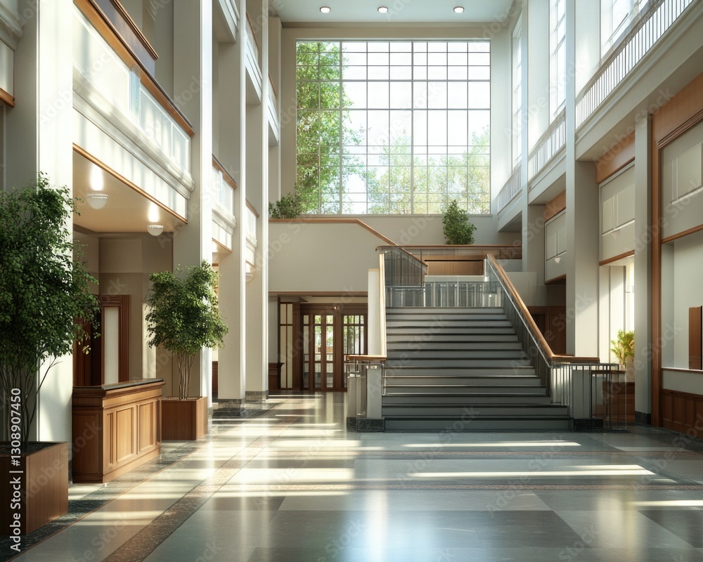 A modern lobby with a staircase and a plant in a pot A modern lobby with a staircase and a plant in a pot