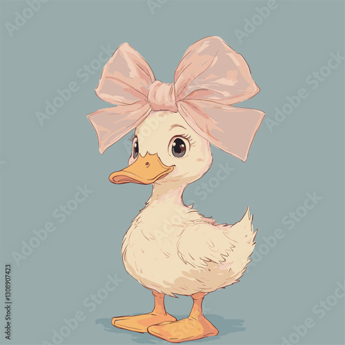 anime inspired duck character with a big sheer pink bow on it’s head. make the duck